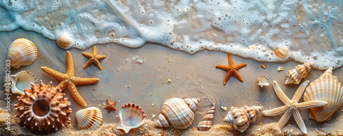 Seashells and starfish arranged on sandy beach, detailed and natural, inviting and serene photo