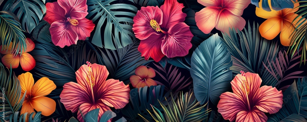 Tropical floral patterns with hibiscus and palm leaves, vibrant and colorful, exotic and lively Tropical floral patterns with hibiscus and palm leaves, vibrant and colorful, exotic and lively