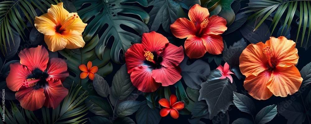 Tropical floral patterns with hibiscus and palm leaves, vibrant and colorful, exotic and lively Tropical floral patterns with hibiscus and palm leaves, vibrant and colorful, exotic and lively