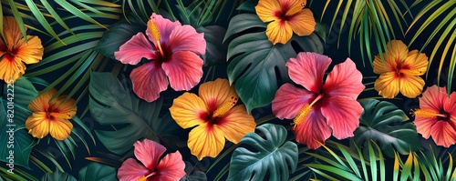 Tropical floral patterns with hibiscus and palm leaves  vibrant and colorful
