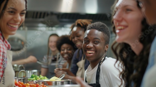 Group of smiling students in cooking class, having so much fun
