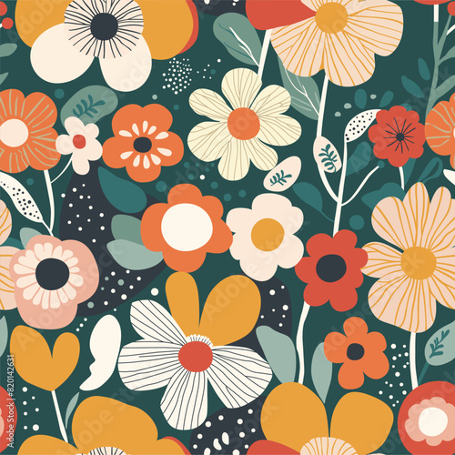 Seamless pattern in flat style with the image of cherries and flowers. Pattern for interior design, printing on fabric and paper.
