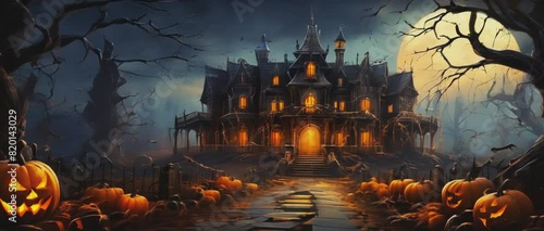 Halloween scene. Spooky haunted house with glowing windows, surrounded by eerie pumpkins under a full moon. photo