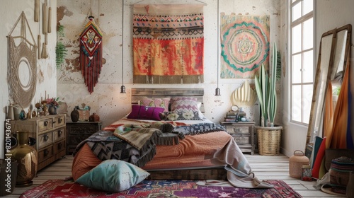 Vibrant Bohemian Bedroom with Eclectic Decor and Cozy Ambiance