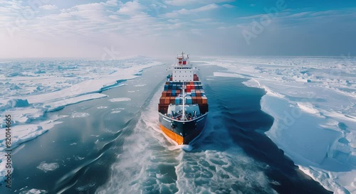 Majestic Maritime Transport Aerial View of Large Cargo Icebreaker Vessel Loaded with Containers Sailing in Ice-Cold Ocean photo