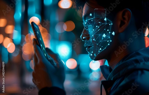 Person with a phone using facial recognition