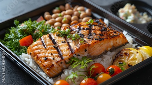 Delicious bento with salmon and vegetables, fresh and healthy office food, traditional japanese food, prepared food