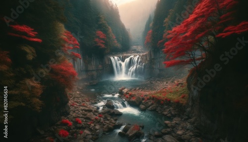 A beautiful waterfall, surrounded by trees and rocks in the valley, with red leaves on both sides. The misty river flows down from above to below. In autumn