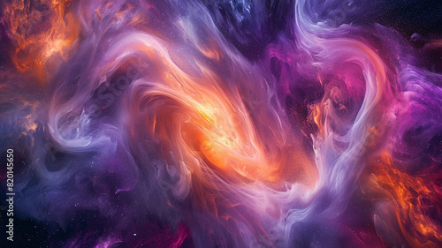 .Feature an abstract composition of swirling galaxy-like patterns formed by colored powders in water