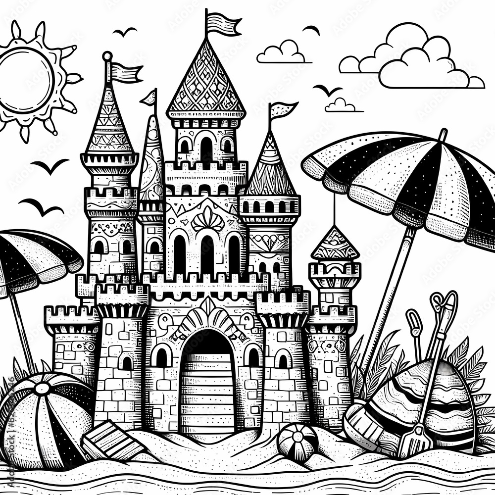 Obraz premium Delightful Beach Scene Coloring Page for Children