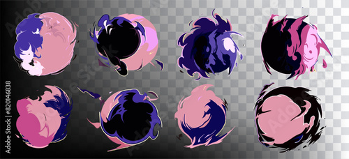 Big set of manga visual vector cartoon effects of smoke and fire blast in pink and black colors. Perfect for animation design, anime CG game art, etc.