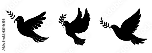 Dove of peace with an olive branch set icons