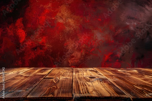 Wooden deck table on red grunge background - Generative Ai photo