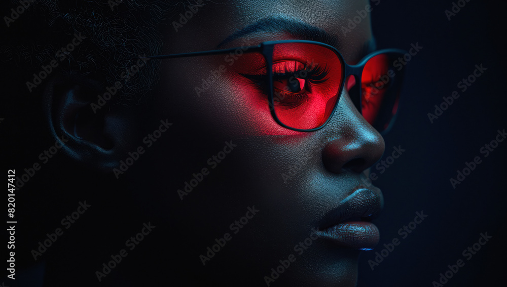 Portrait beautiful african american woman in red glasses, confident expression in eyes. Fashionable model with curly hair, posing in front camera. Young, happy, and gorgeous lady, standing in studio. Portrait beautiful african american woman in red glasses, confident expression in eyes. Fashionable model with curly hair, posing in front camera. Young, happy, and gorgeous lady, standing in studio.