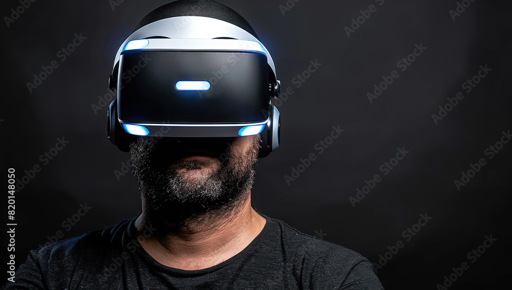Man wearing virtual reality glasses. Studio black background. Vr. Young adult, in futuristic game, holding modern device. Innovation in technology, excitement. Looking future entertainment. Man wearing virtual reality glasses. Studio black background. Vr. Young adult, in futuristic game, holding modern device. Innovation in technology, excitement. Looking future entertainment.