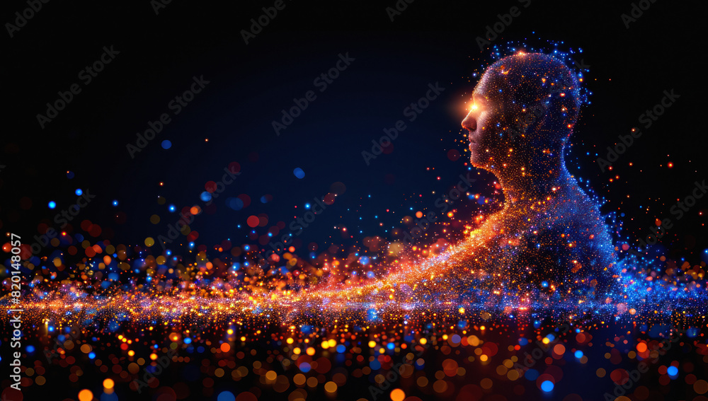 human head made particles. Artificial intelligence concept. Futuristic man particle cloud computing. Connection big data, machine learning, network technology virtual ai and cyber tech innovation. human head made particles. Artificial intelligence concept. Futuristic man particle cloud computing. Connection big data, machine learning, network technology virtual ai and cyber tech innovation.