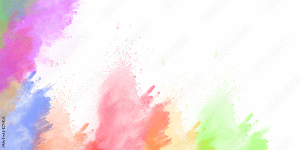 Abstract colorful watercolor pastel drawing paper texture background. Colorful powder explosion on white background. Abstract pastel color dust particles splash. Rainbow trendy isolated design.