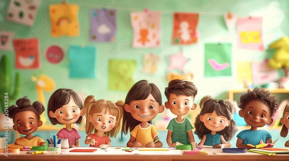 Fototapeta premium A diverse group of children smiling and engaging in arts and crafts in a colorful classroom setting