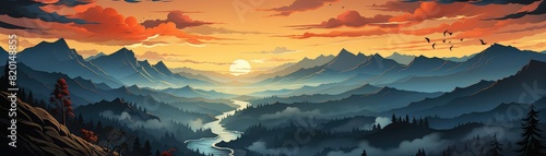 Sunset over Mountain Range flat design top view summer theme cartoon drawing Splitcomplementary color scheme