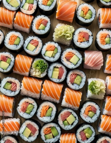 A top view of a neatly organized platter of assorted sushi rolls, featuring a variety of fillings.