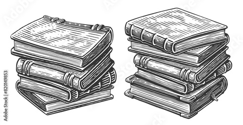 Pile of books. Stack of various textbooks in hardcover. Sketch drawings in old vintage style