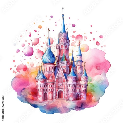 Whimsical pastel vibrant watercolor castle surrounded by dreamy clouds. Castle with multicolored and rainbow watercolor with separated white background. Fairy tale concept for fantasy artwork. AIG35.