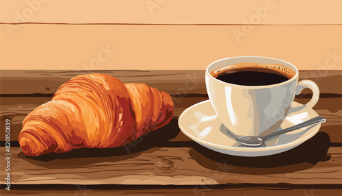 Illustration of a cup of coffee and croissant on a wooden table