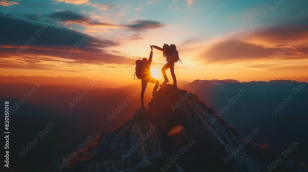 Two tourists with arms up on the top of the mountain. Hikers on the cliff raising hands to the sky.