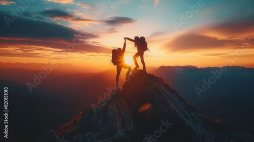 Two tourists with arms up on the top of the mountain. Hikers on the cliff raising hands to the sky. © Yuliia