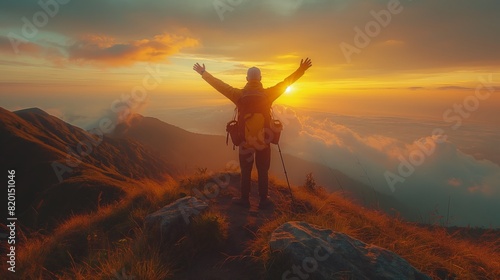 Tourists with arms up on the top of the mountain. Hiker on the cliff raising hands to the sky. photo