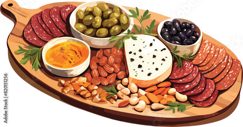 Illustration of various types of appetizers on a wooden board