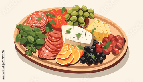 Cheese platter with olives, grapes and salami. Vector illustration