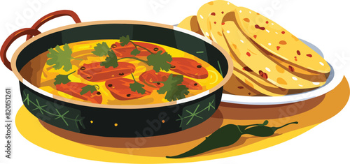 Illustration of a bowl of salmon curry with naan bread and chilli