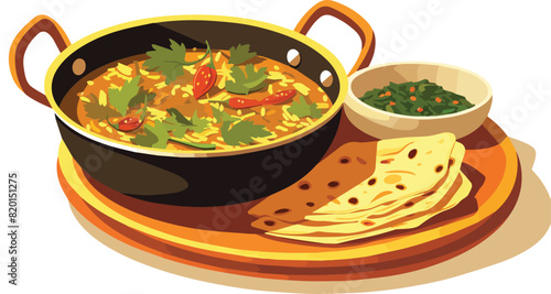 Illustration of a bowl of chicken curry with naan bread.