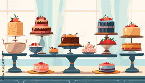 Cake shop interior with different types of cakes and pastry. Vector illustration