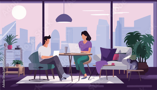Working at home vector illustration. Cartoon young woman and man sitting at table and working on laptop. Freelance business concept