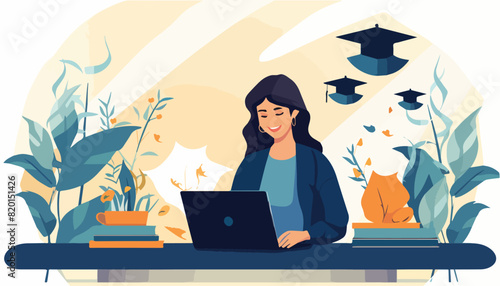 Online education concept. Young woman studying at home using laptop. Flat vector illustration.