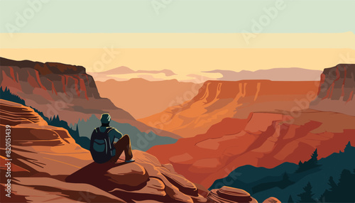 Hiker in the Grand Canyon, USA. Vector Illustration.