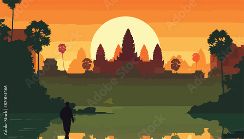 Silhouette of a tourist at sunset in Angkor Wat, Cambodia