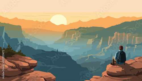 Hiker in the canyon at sunset. Vector illustration in flat style