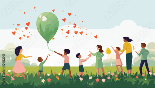 Happy family with children and balloons in the park. Mother, father, son and daughter. Vector illustration
