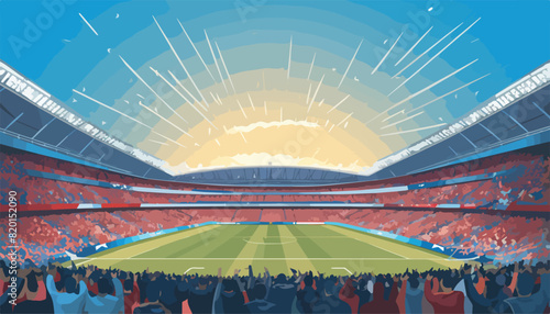 Soccer stadium with fans and rays of light. Vector illustration.