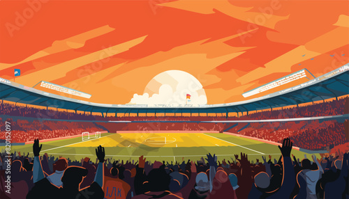 Soccer stadium with fans. Vector illustration in flat cartoon style.