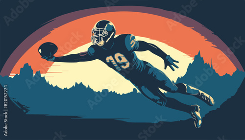 American football player in action on the sunset background. Vector illustration.