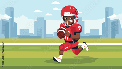 American football player running on stadium. Vector illustration in flat style.