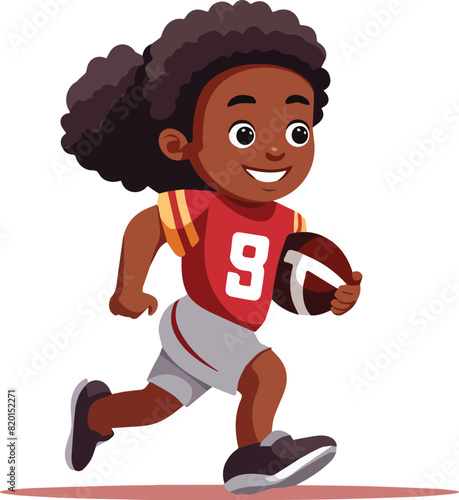 African american schoolgirl running with rugby ball. Vector illustration.
