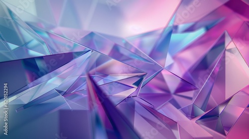 An advertisement scene featuring an abstract geometric background in shades of purple and blue