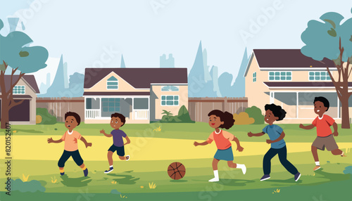 Kids playing basketball in the yard. Vector illustration in flat style.