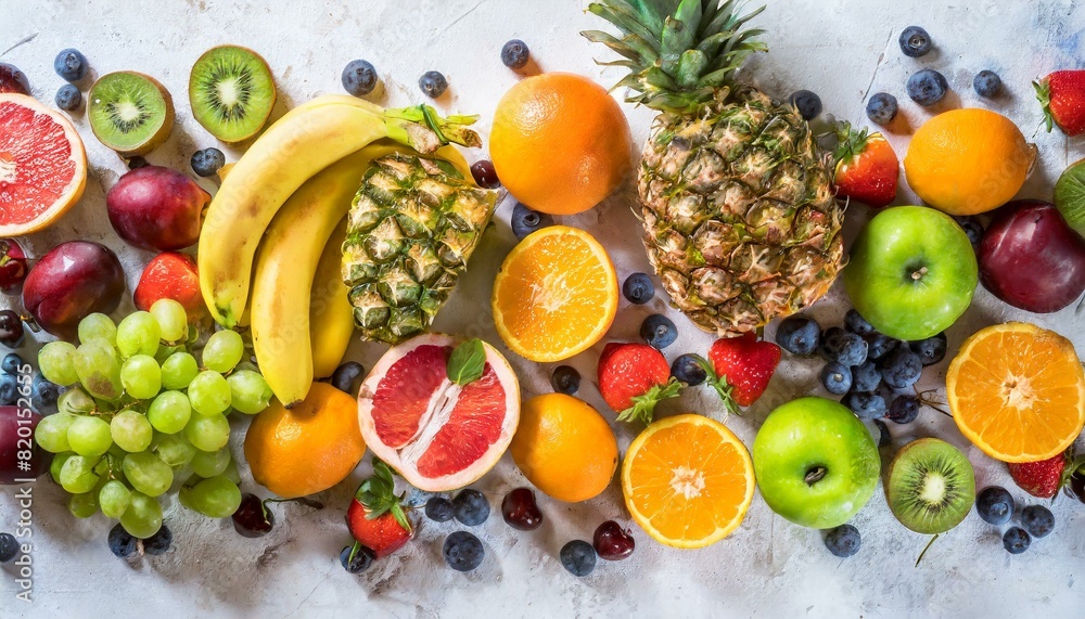 Verschiedene Obstsorten nebeneinander draufsicht hell Verschiedene Obstsorten nebeneinander draufsicht hell