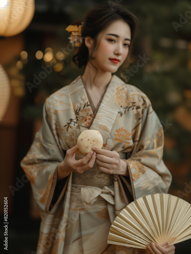 A Japanese woman in a flowing kimono holds a wagashi sweet, a symbol of tradition reimagined with a modern, minimalist design. Her joyful expression reflects the sweet moment.